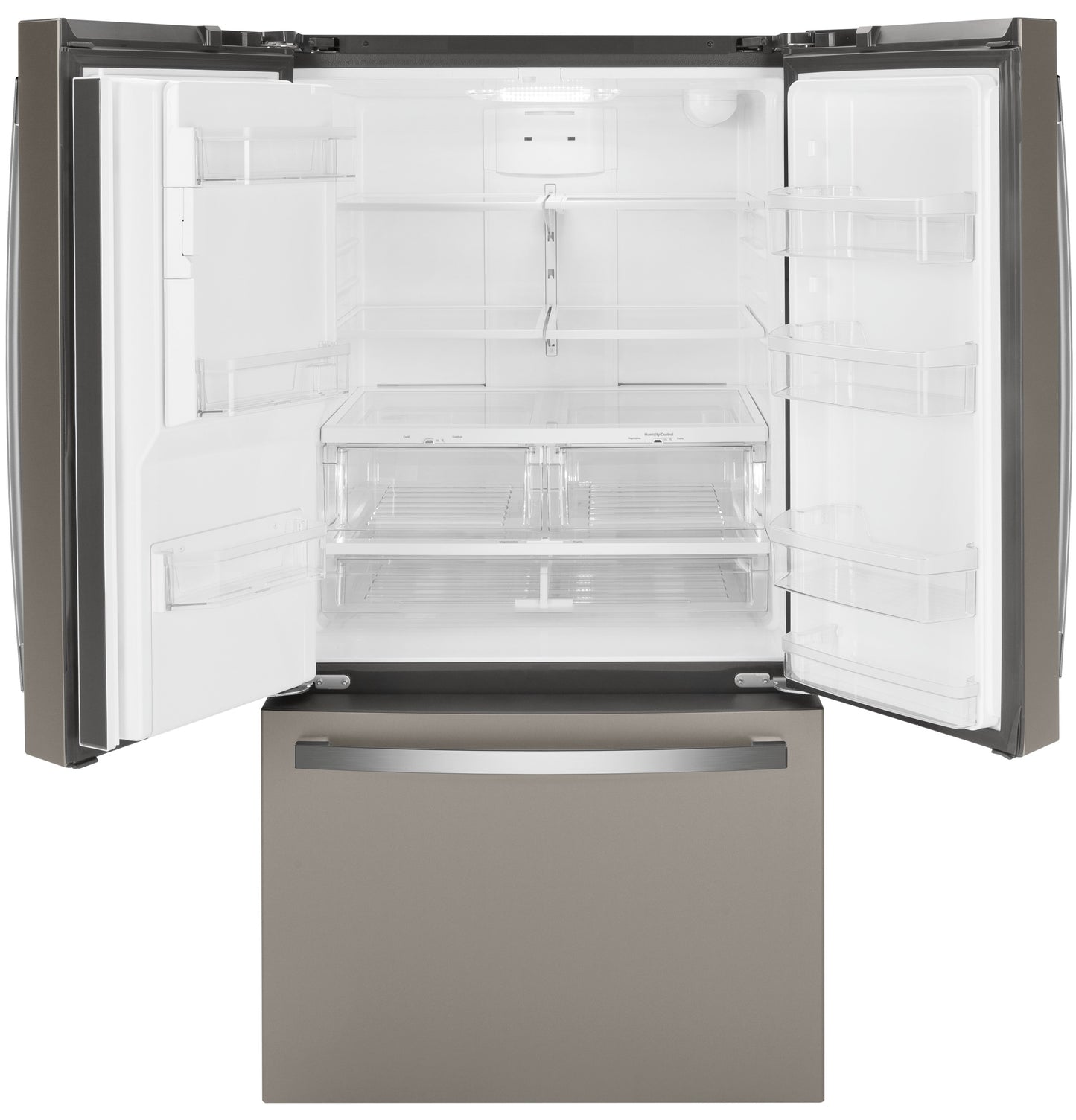 Open French-door refrigerator in slate finish with spacious interior and adjustable shelving in kitchen appliance collections