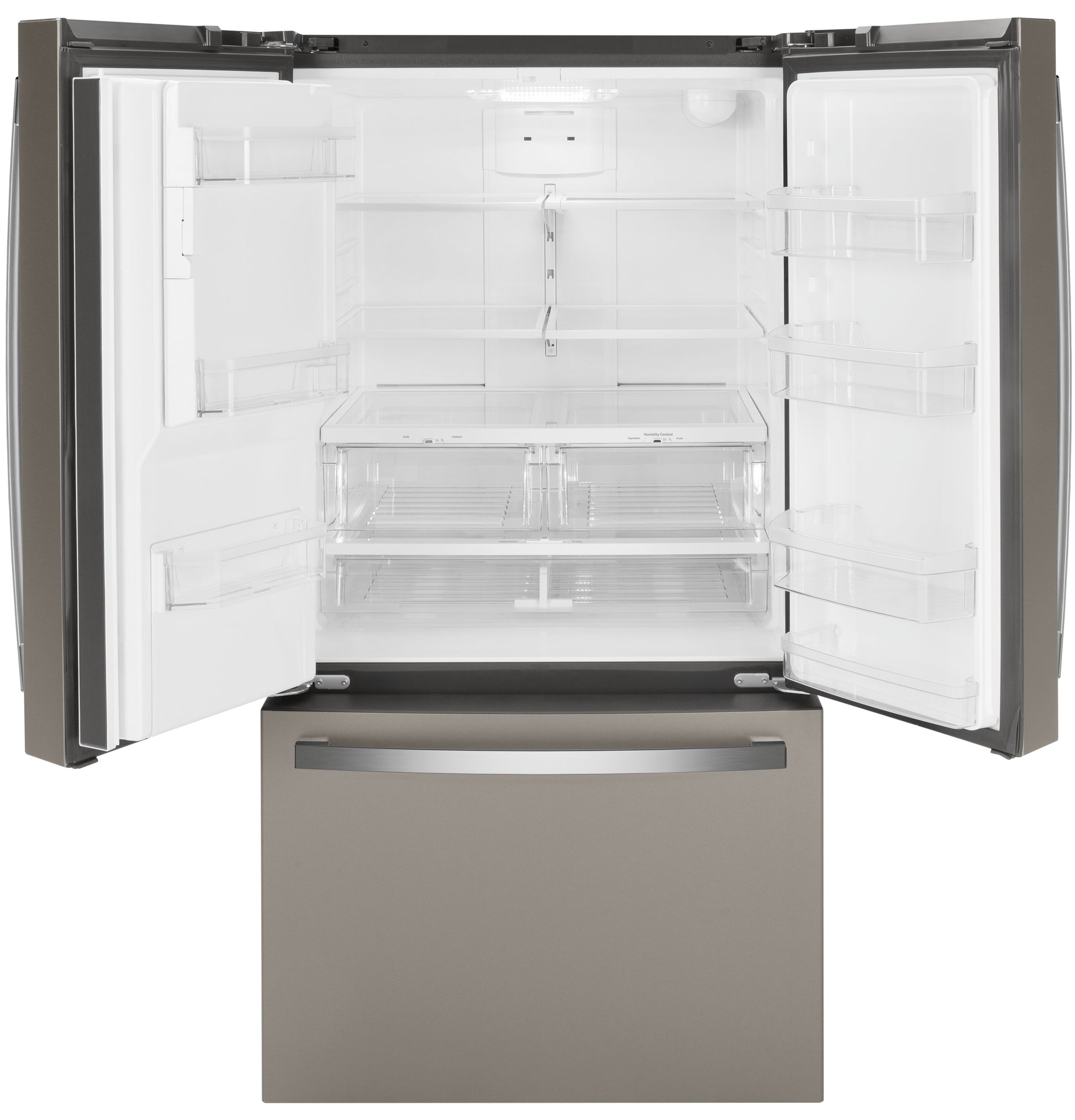 Open French-door refrigerator in slate finish with spacious interior and adjustable shelving in kitchen appliance collections