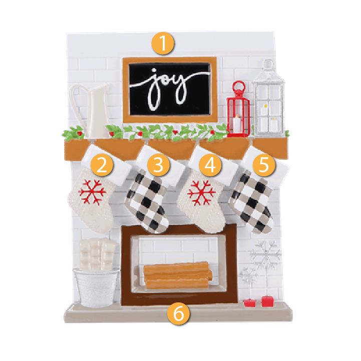 White brick fireplace ornament with joy sign, red and white lanterns, greenery, and four personalized stockings under $50 collection