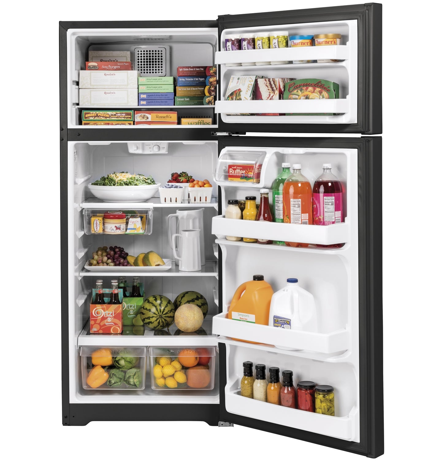Open top-freezer refrigerator with organized fresh produce, beverages, and frozen goods in appliances and kitchenware collection
