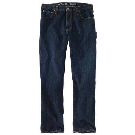 Dark blue denim relaxed fit utility jeans with five pockets, designed for durability and flexibility in men's clothing.