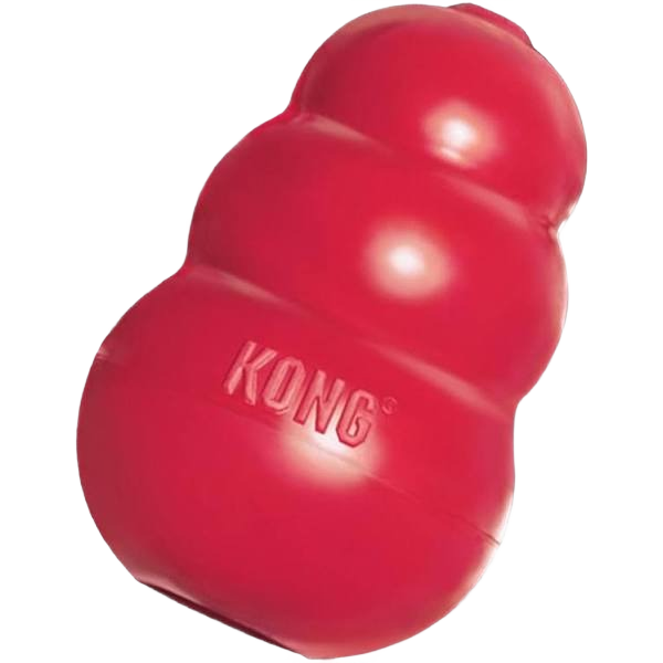 Durable red rubber dog toy designed for chewing and play, featuring a distinctive rounded shape