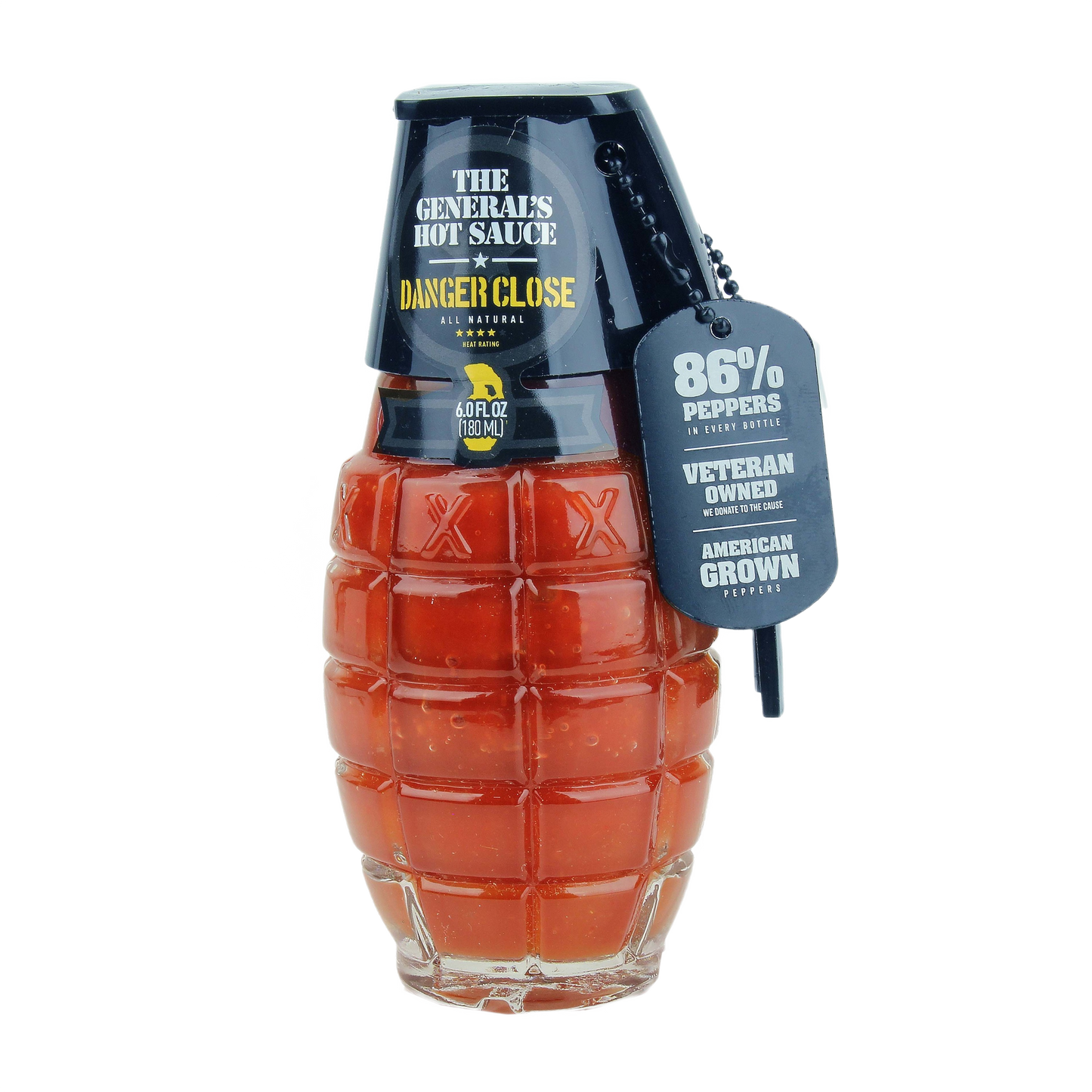 Grenade-shaped hot sauce bottle with black cap and label highlighting 86% peppers for grilling and BBQ collections