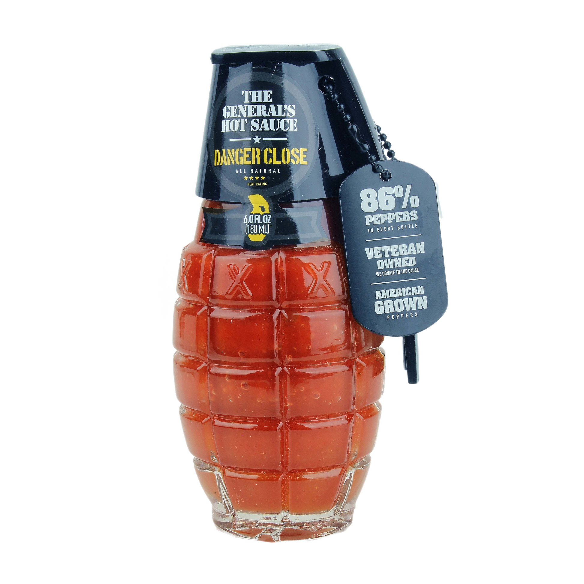 Grenade-shaped hot sauce bottle with black cap and label highlighting 86% peppers for grilling and BBQ collections