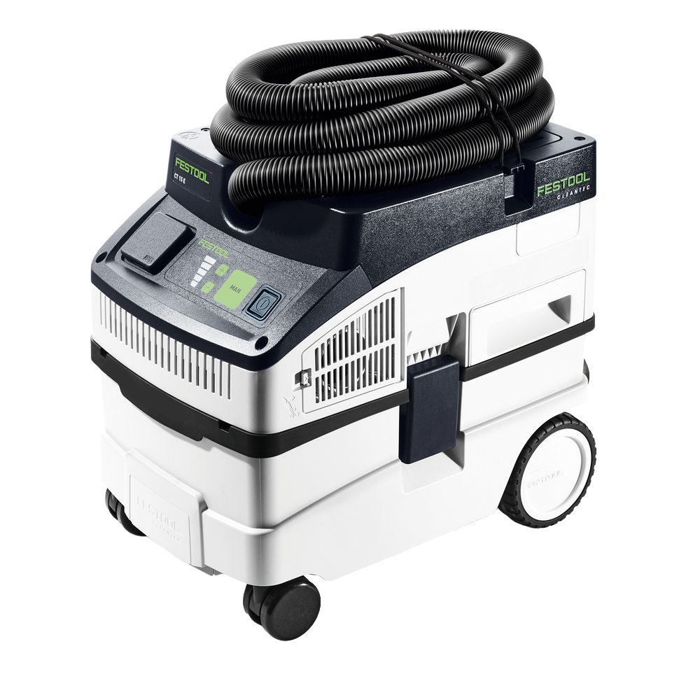 Compact white and black HEPA dust extractor with coiled hose and wheels for tools and home improvement projects