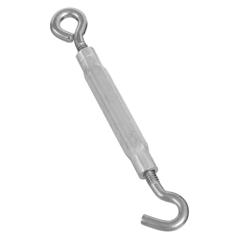 Stainless steel hook and eye turnbuckle for tightening cables and lines in storage and garage organization tools