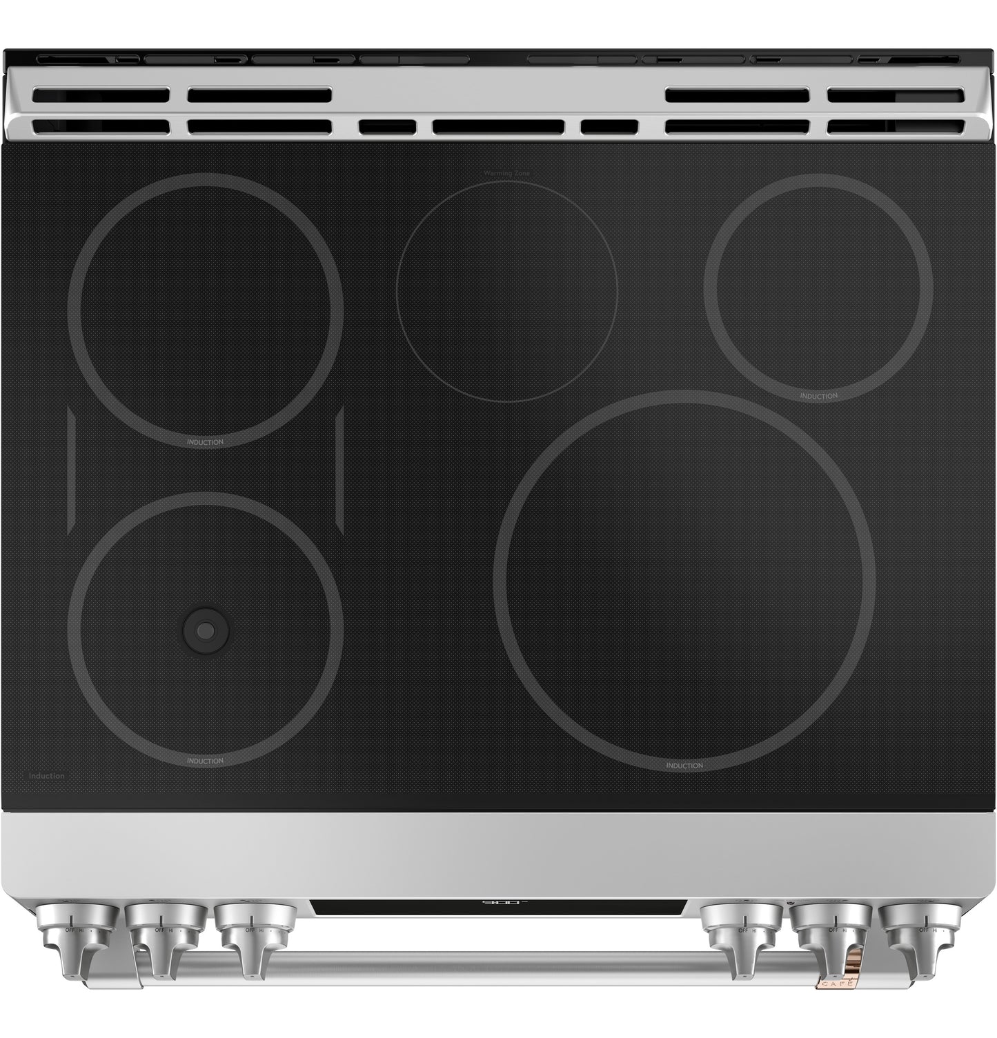 Top view of sleek induction cooktop with multiple burners and front control knobs for modern kitchen appliances collection