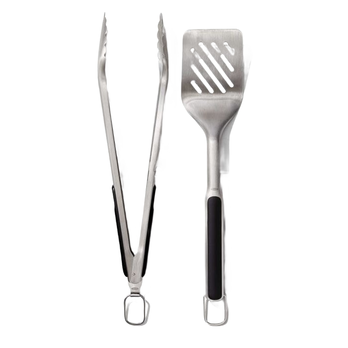 Stainless steel grilling turner and tongs set with black grips, ideal for kitchen utensils and cooking gadgets under $50