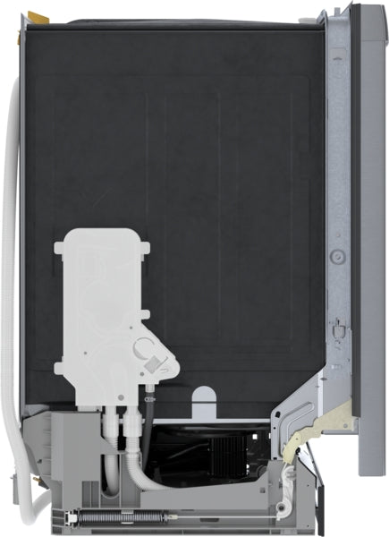 Side view of 24-inch stainless steel dishwasher showing internal components, part of Bosch kitchen appliances collection