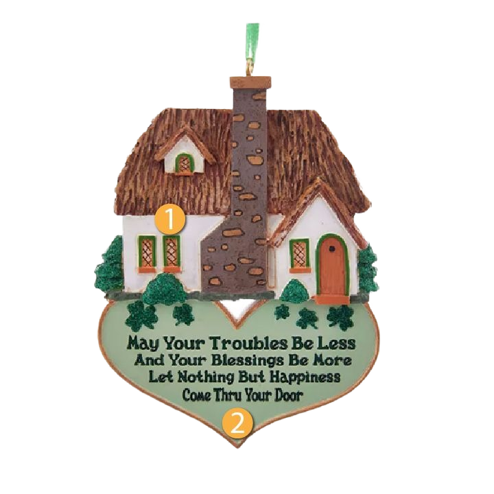 Personalized Irish home blessing ornament with cottage design and green clover accents for Christmas tree decorations under $50 collections