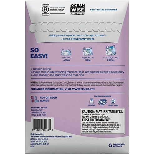 Back of eco-friendly laundry detergent box showing use instructions, ingredients, and safety warnings for household cleaning.