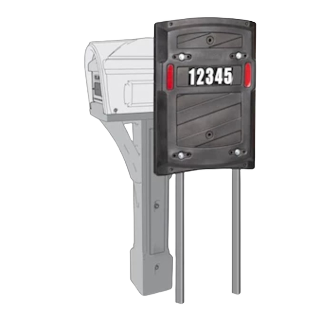 Black single panel mailbox shield with reflective number display and mounting rods for home improvement use