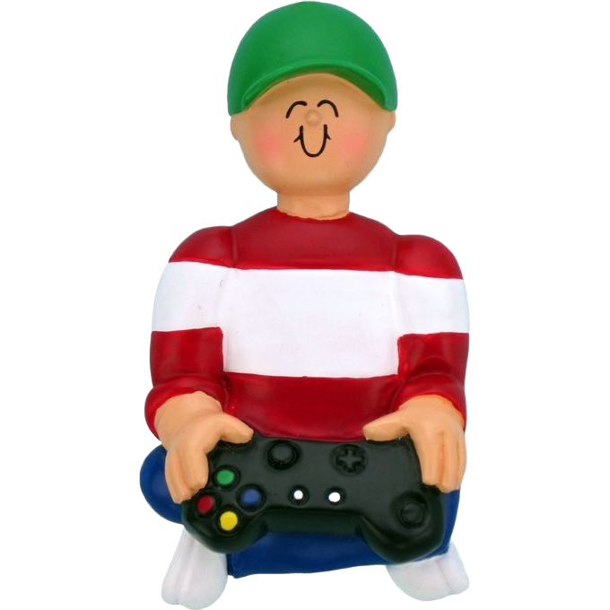 Figurine ornament of male in green cap and red-and-white striped shirt holding video game controller Christmas decoration under $50 collection