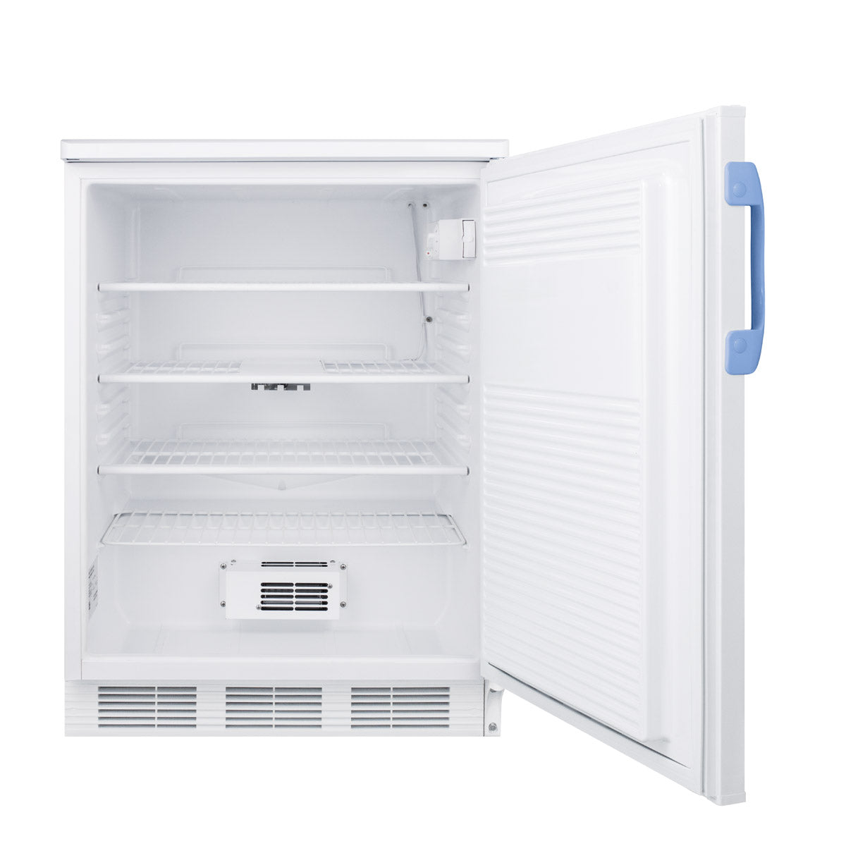 Open 24" wide built-in all-refrigerator with white interior and blue handle for laboratory and medical appliances collection