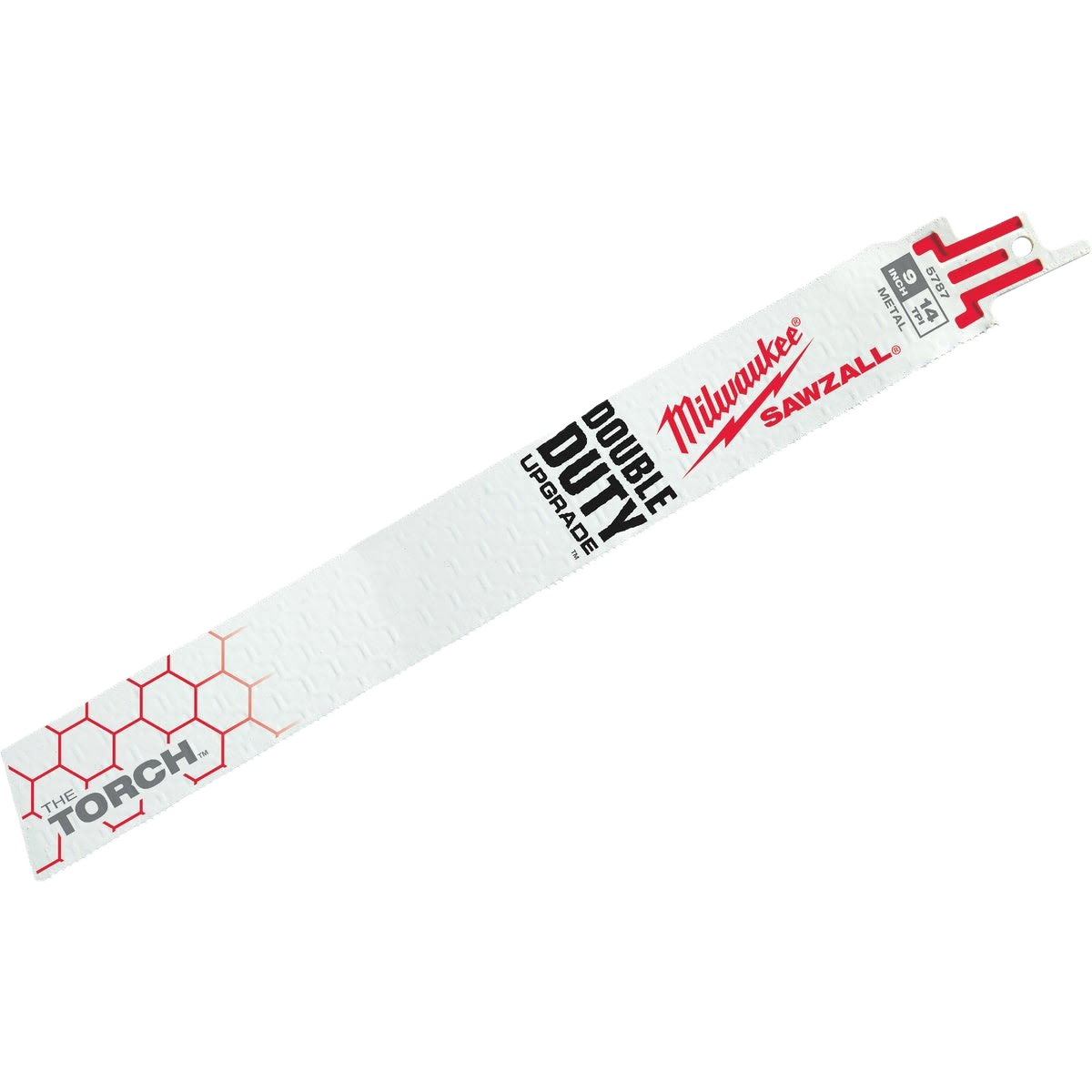 White and red saw blade with carbide teeth designed for tough metal cutting in power tool and woodworking accessories.
