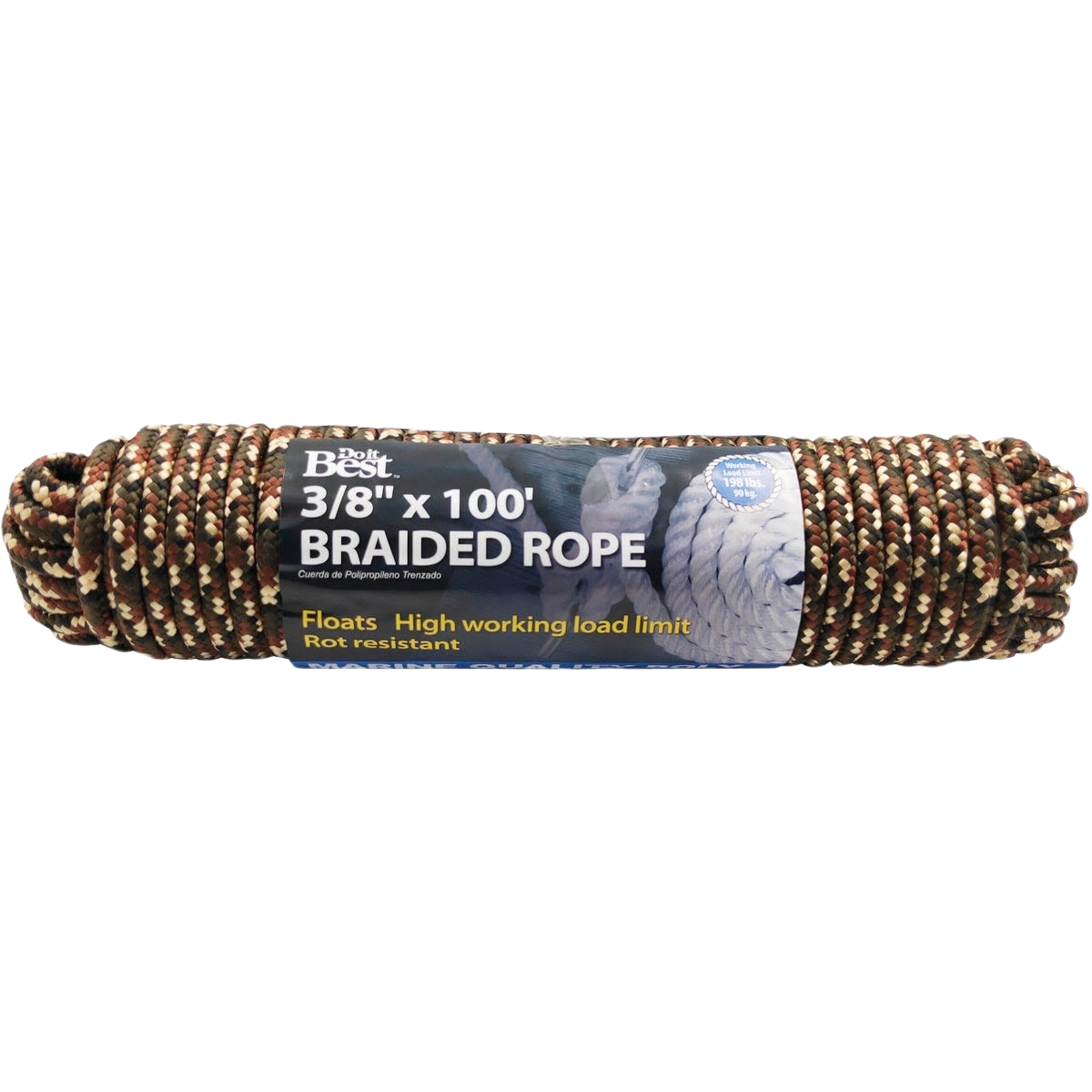 Coiled 3/8-inch by 100-foot braided rope in patterned polypropylene for durable home improvement use