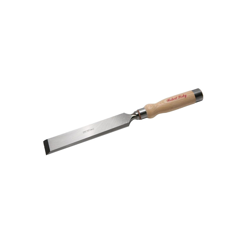 Framing chisel with polished steel blade and light wooden handle for woodworking and home improvement tasks