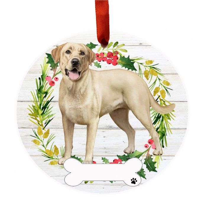 Round Christmas decoration featuring a Yellow Labrador standing inside a festive holiday wreath with red ribbon hanger
