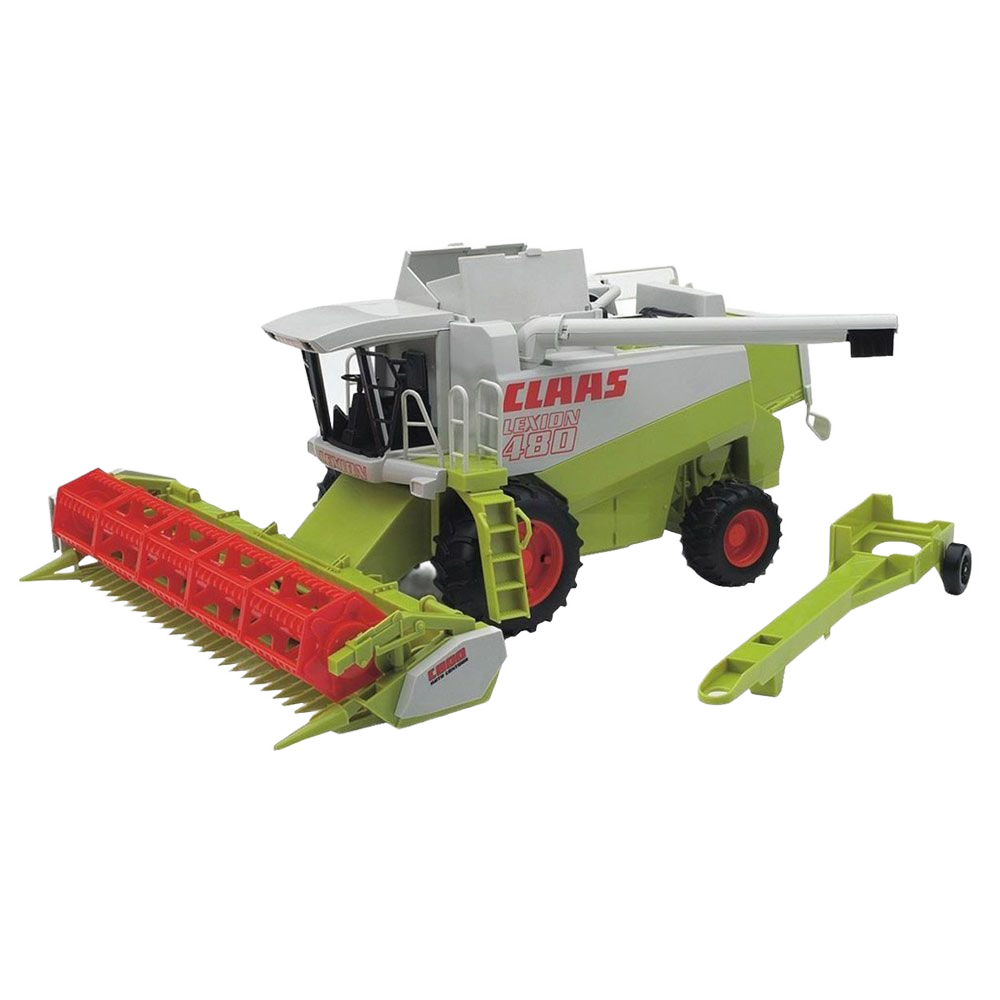 Scale model of a green and white agricultural combine with red header attachment for farm simulation play