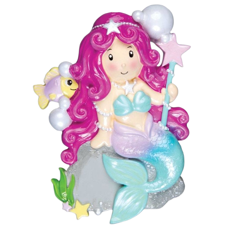 Colorful mermaid ornament with pink hair, pearls, and star wand for Christmas Ornaments & Tree Decorations collection under $50