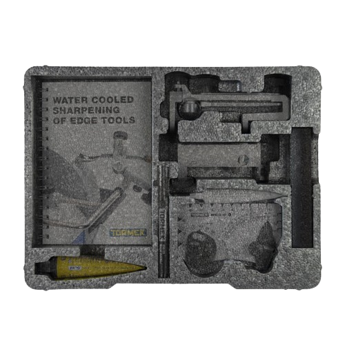 Black molded storage tray with compartments for Tormek sharpening accessories and edge tool maintenance tools