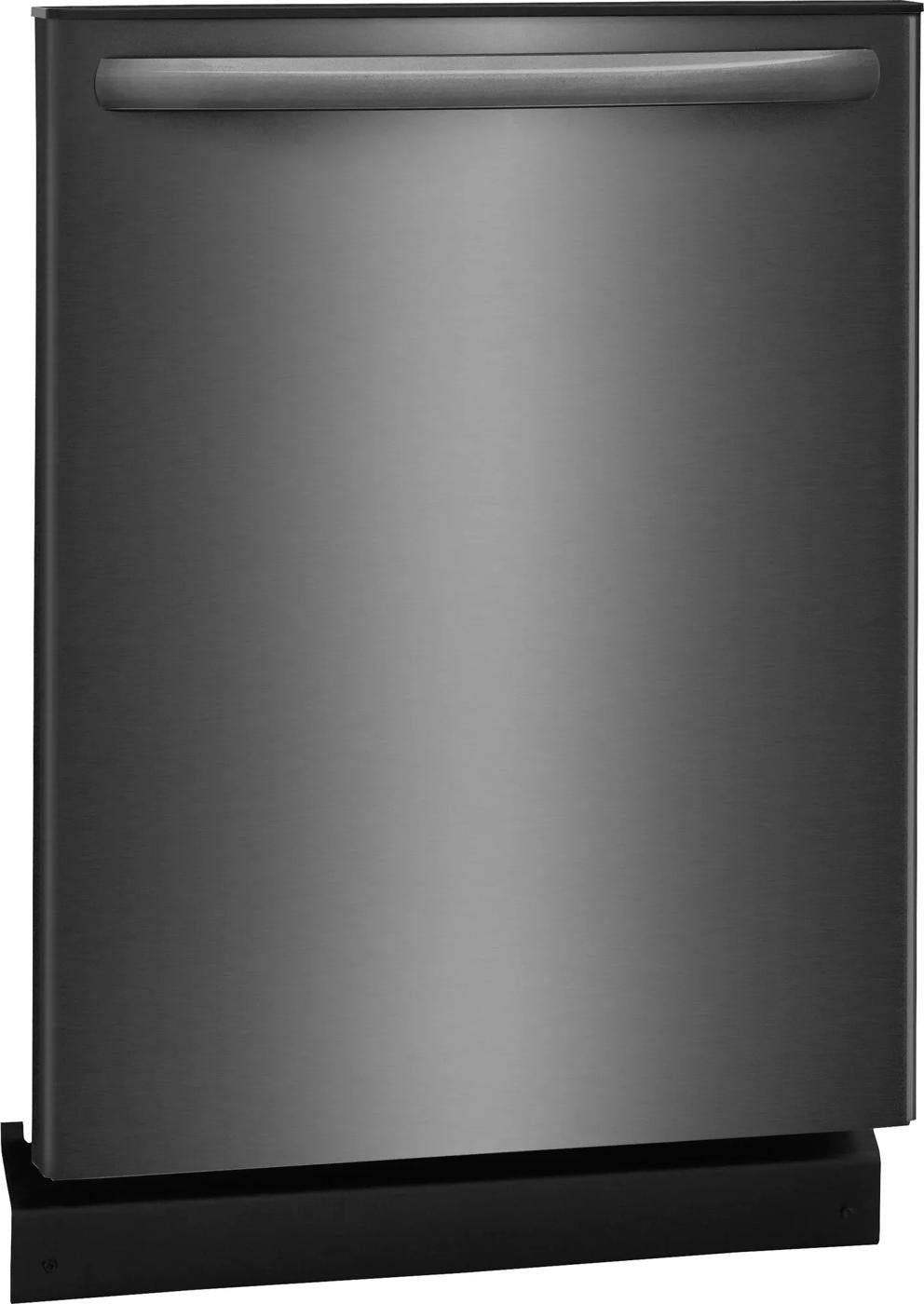 Front view of black stainless steel 24-inch built-in dishwasher for kitchen appliances and home improvement