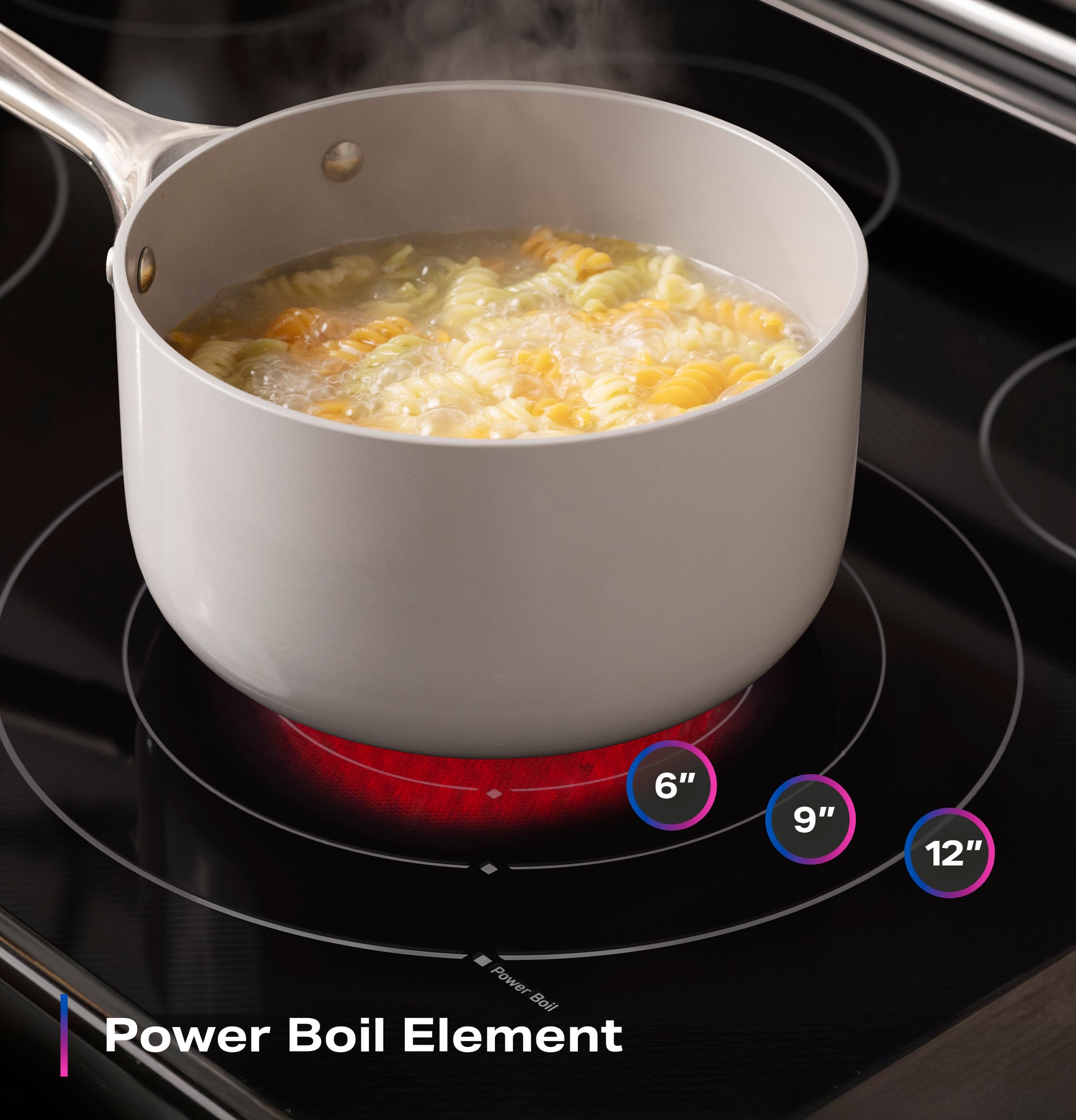White saucepan boiling pasta on a lit electric cooktop burner in modern kitchen appliances setting