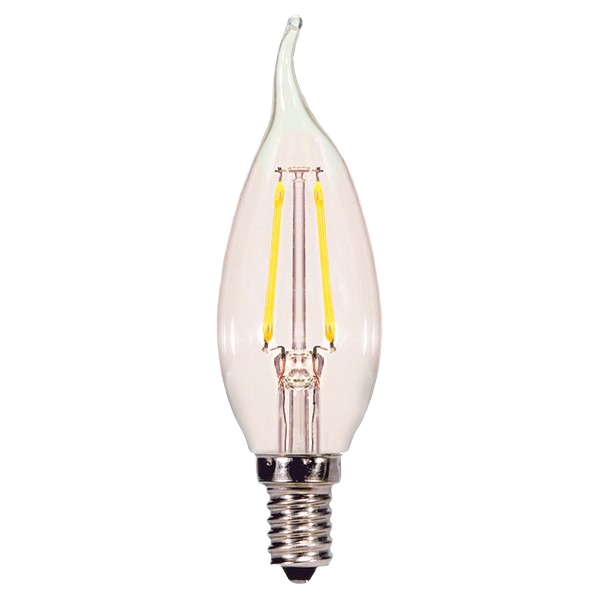 Clear flame tip LED bulb with candelabra base and visible yellow filaments for home improvement lighting projects