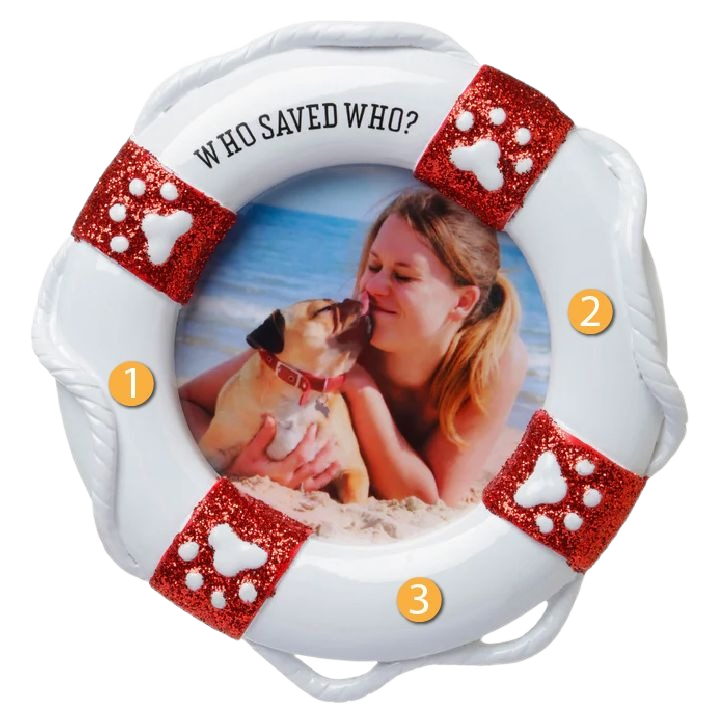 Glittery life preserver ornament with paw prints and photo space for personalized pet holiday decoration under $50