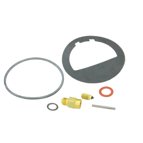 Set of carburetor repair components including gaskets, needle valve, and brass fitting for automotive and engine maintenance tools