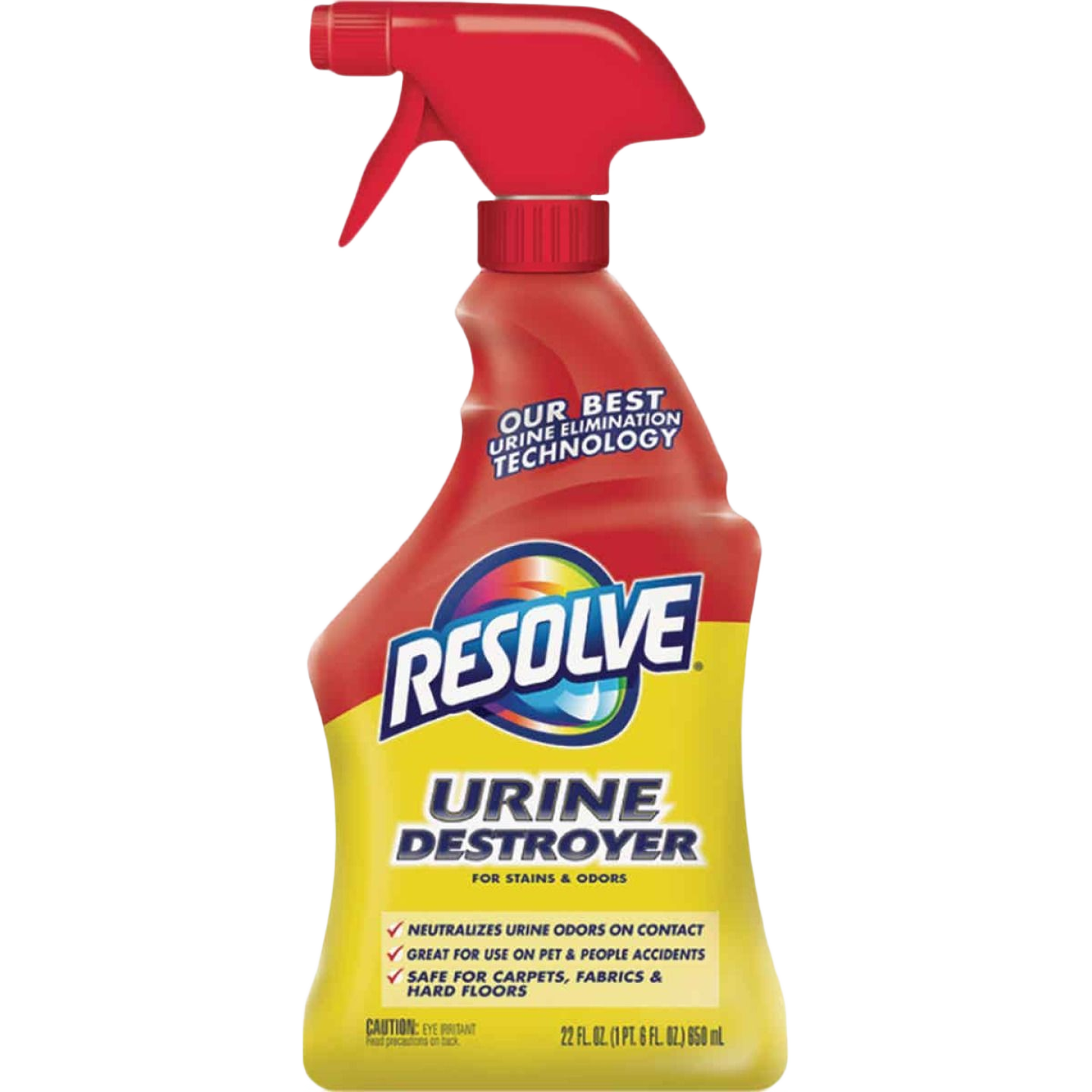 Red and yellow Resolve spray bottle for urine stain and odor removal in household cleaning supplies collections