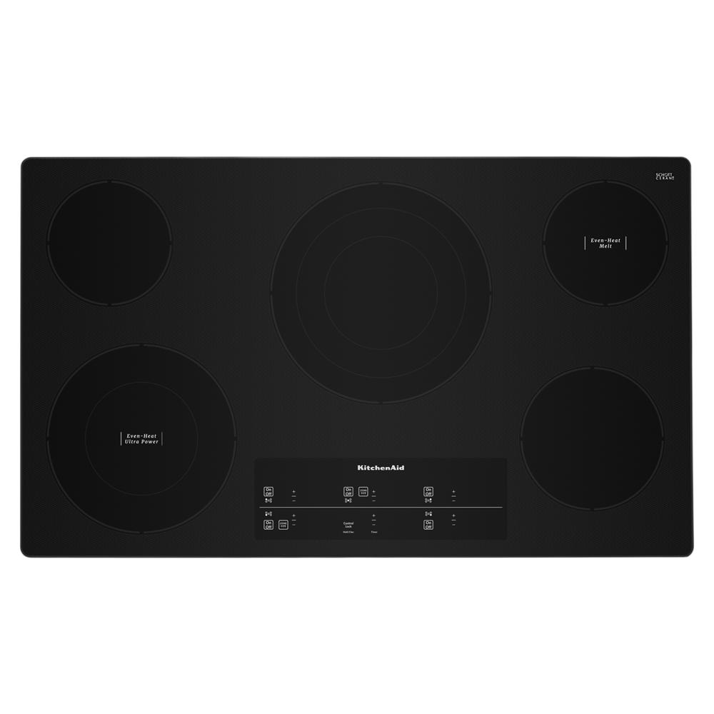 Black glass 36-inch electric cooktop with five elements and touch-activated controls from KitchenAid appliances collection