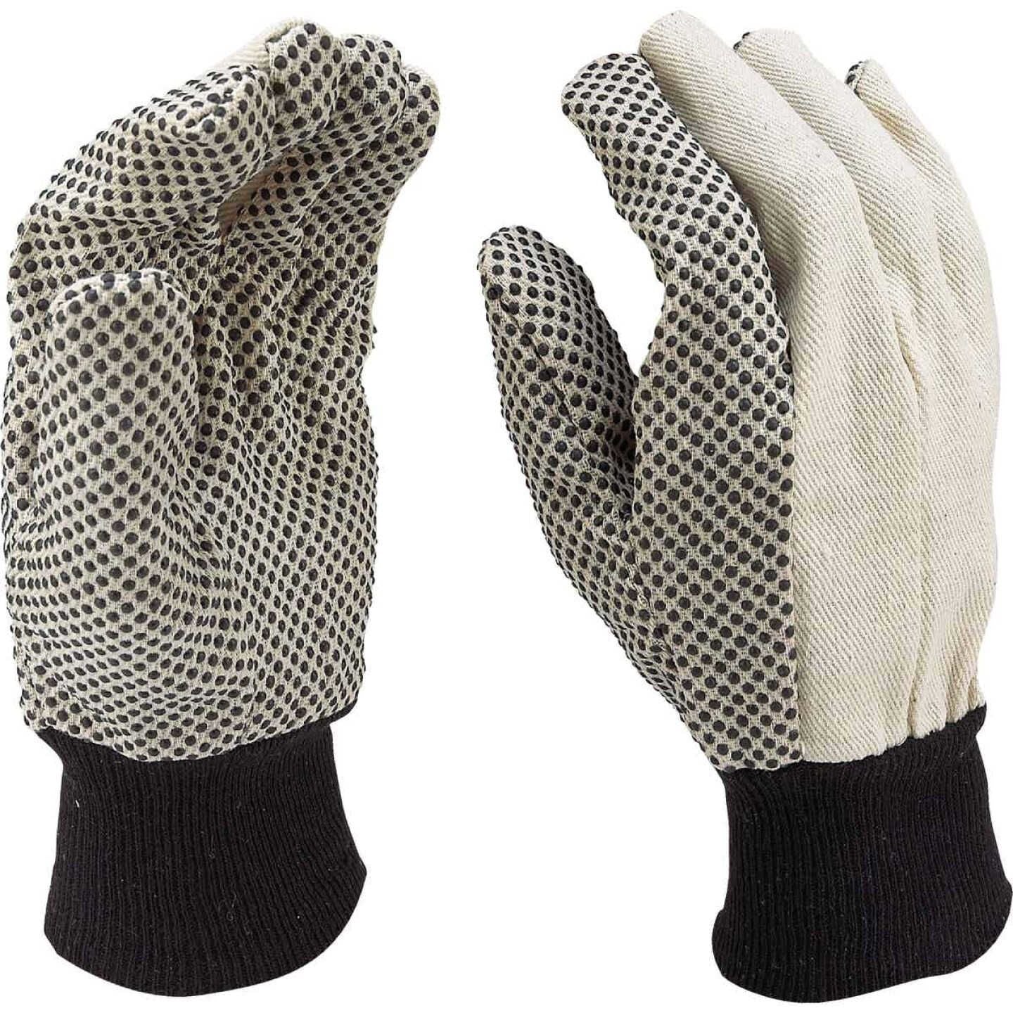 Large cotton canvas work gloves with black PVC grip dots and black knitted cuffs for safety and home improvement tasks