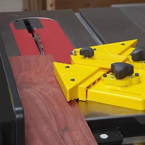 Yellow Magswitch rip guide clamped on table saw for precise cutting of thin wood stock in home improvement projects