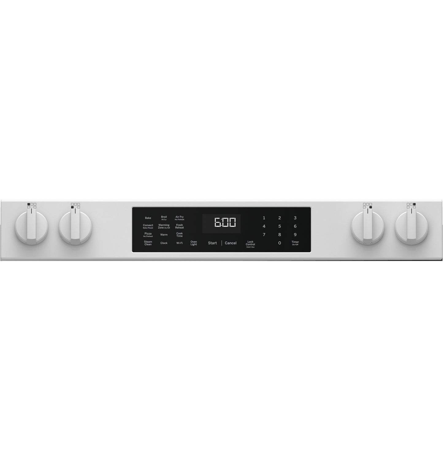 Control panel of a white slide-in electric convection range with digital timer and four knob dials in kitchen appliance setting