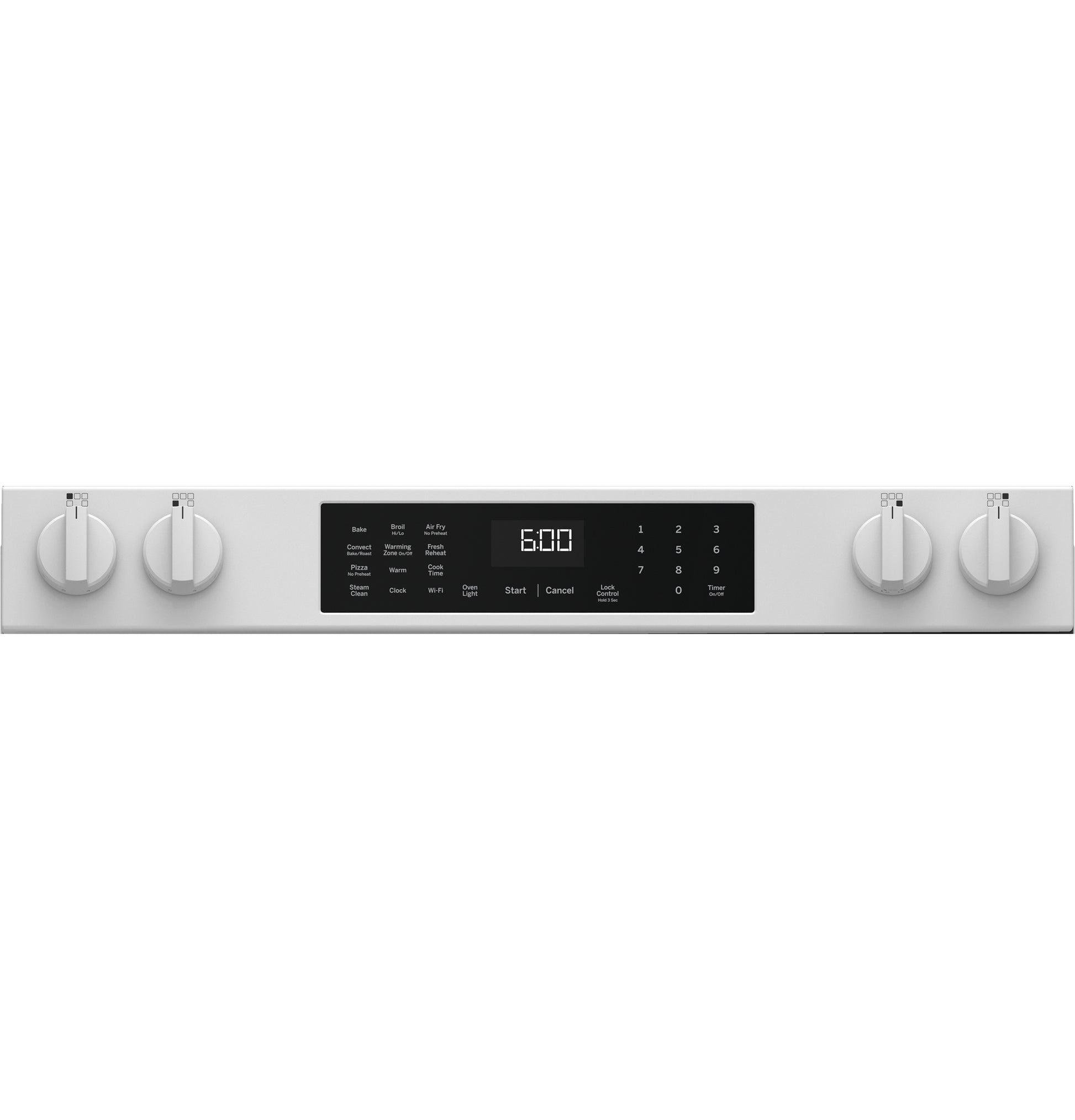 Control panel of a white slide-in electric convection range with digital timer and four knob dials in kitchen appliance setting