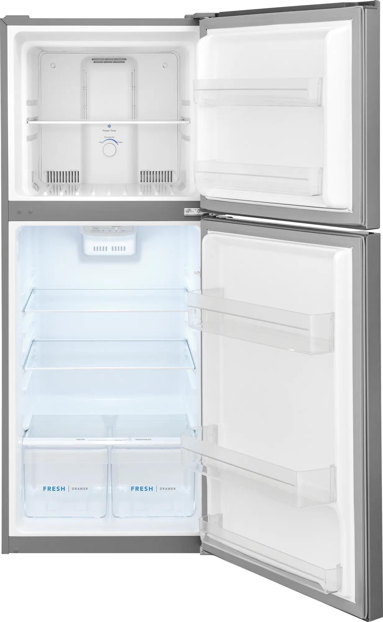 Garage-ready top freezer refrigerator with adjustable shelves, crisper drawers, and bright interior lighting in Appliances collection