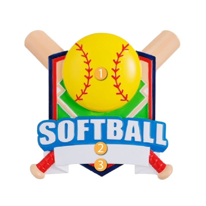 Yellow softball with crossed bats and shield featuring personalized banner for Christmas Ornaments & Tree Decorations collection