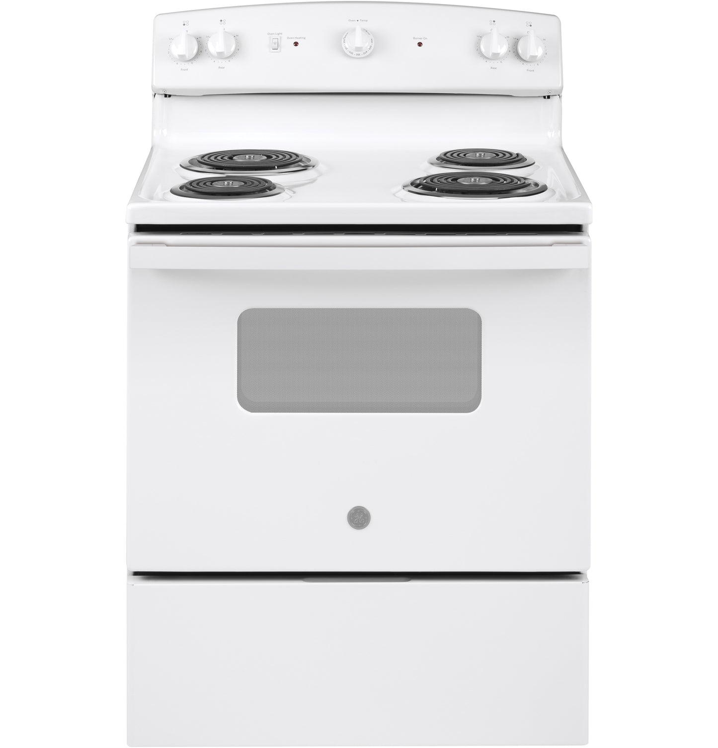 White free-standing electric range with coil burners and control knobs for kitchen and appliance use