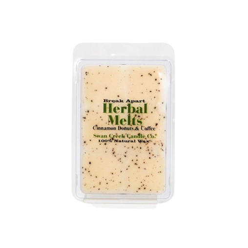 Break-apart herbal wax melts with cinnamon and coffee scent in a clear clamshell pack for home fragrance use