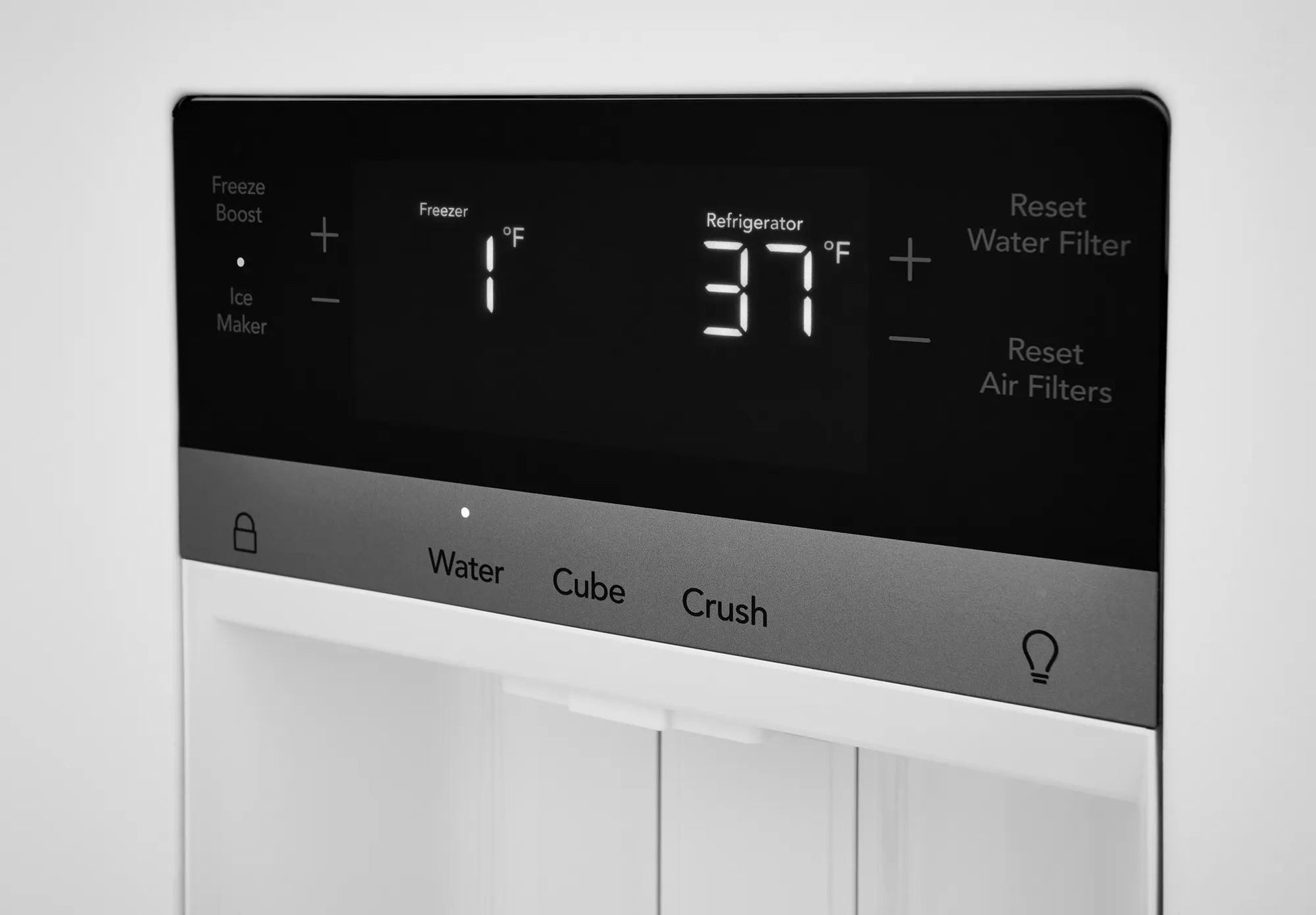 Close-up of refrigerator digital control panel displaying temperature settings and filter reset options from appliances collection