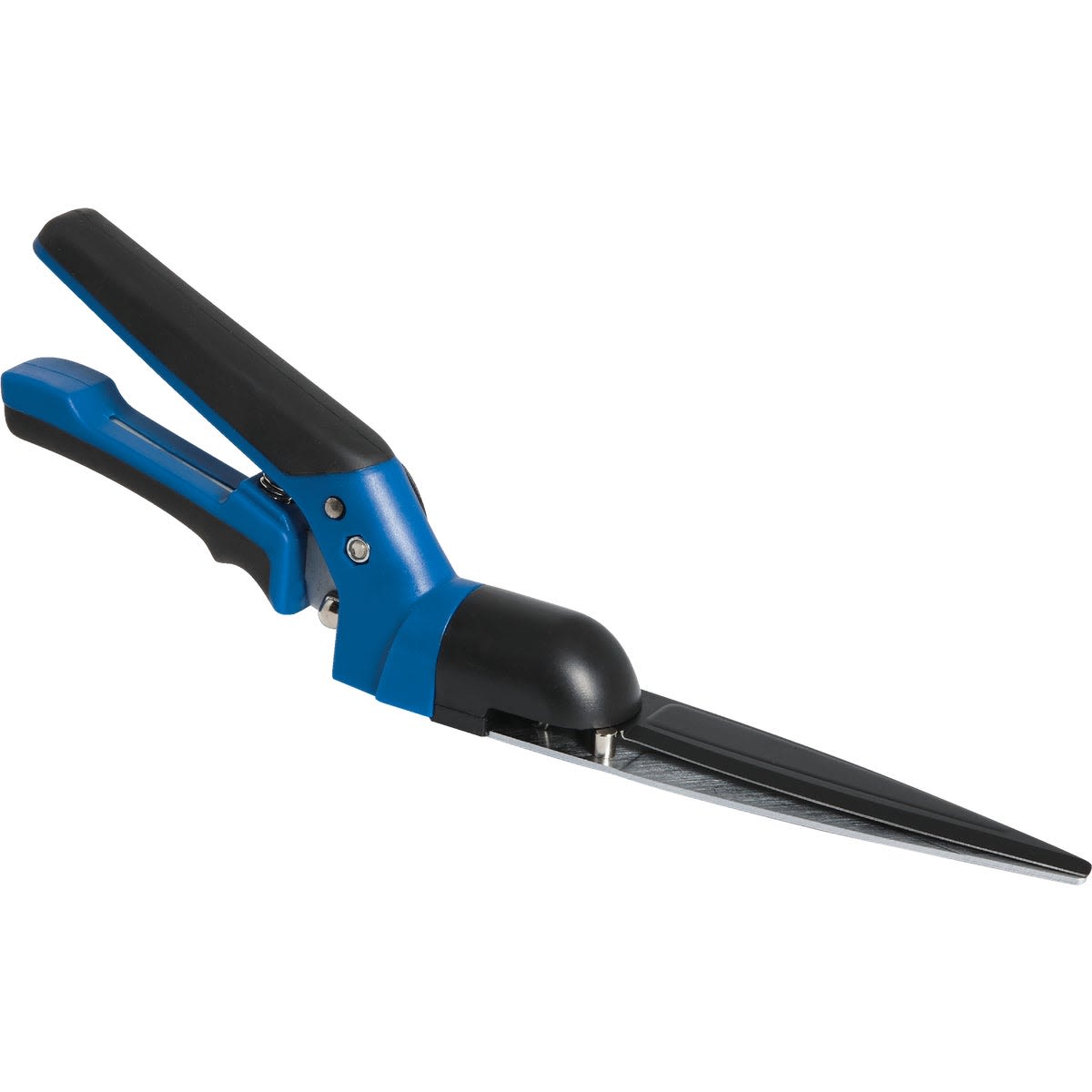 Blue and black grass shear with ergonomic handles designed for precision trimming in home improvement tasks