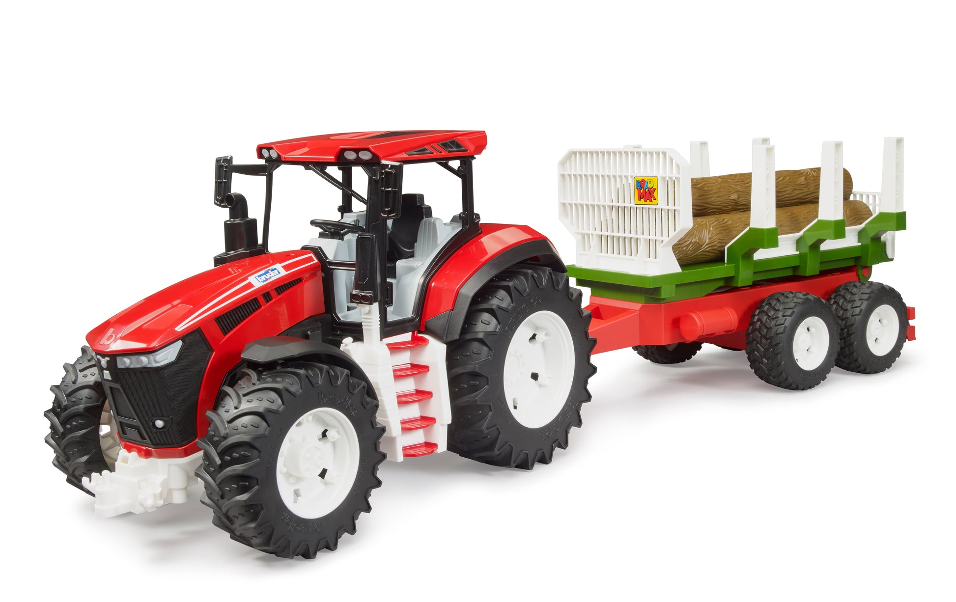 Red and black toy tractor with green and red trailer carrying three logs for imaginative outdoor play