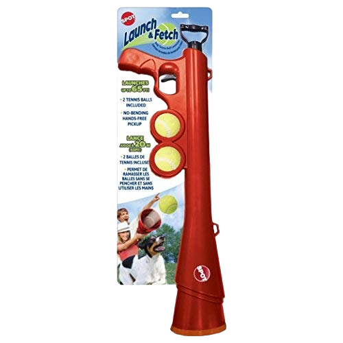 Red plastic tennis ball launcher for dogs with included balls, designed for pet play and exercise under $50 collections