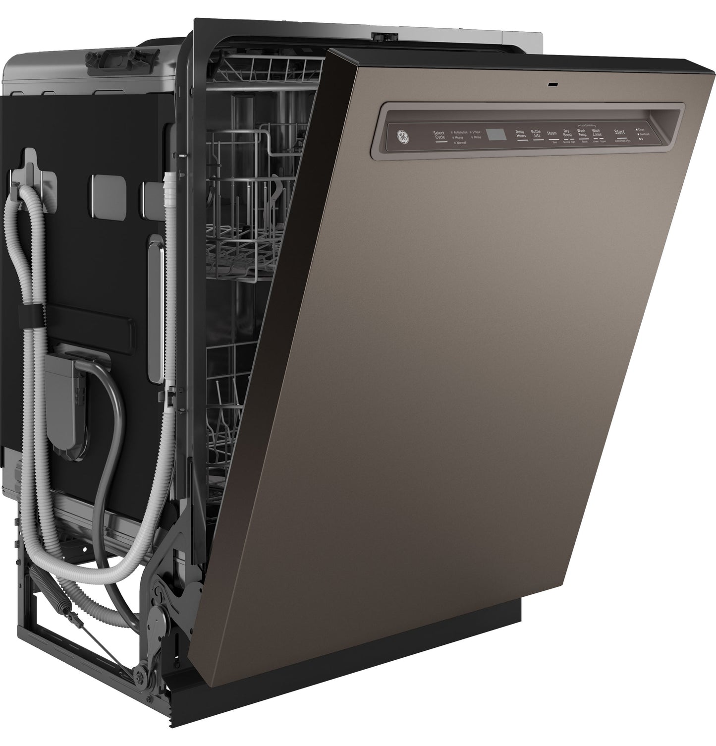 Partially open front control dishwasher with stainless steel interior and visible water hoses in kitchen appliances collection