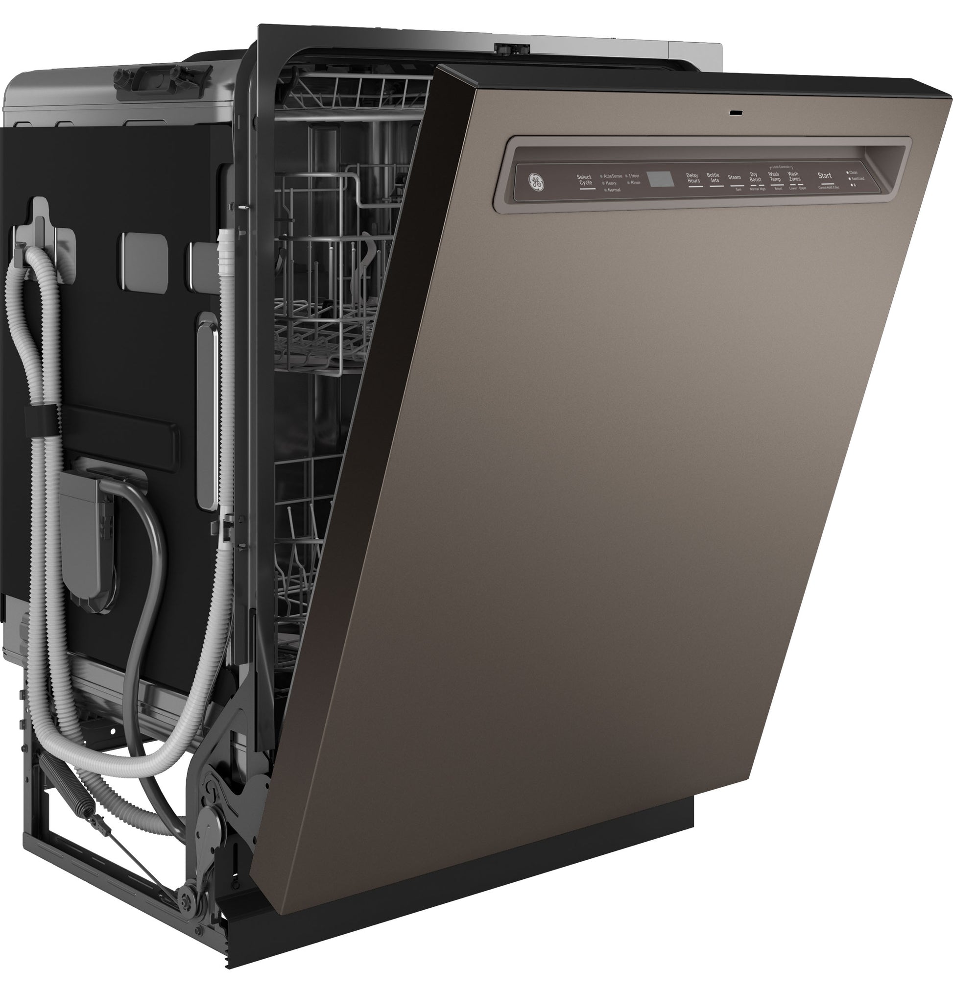 Partially open front control dishwasher with stainless steel interior and visible water hoses in kitchen appliances collection