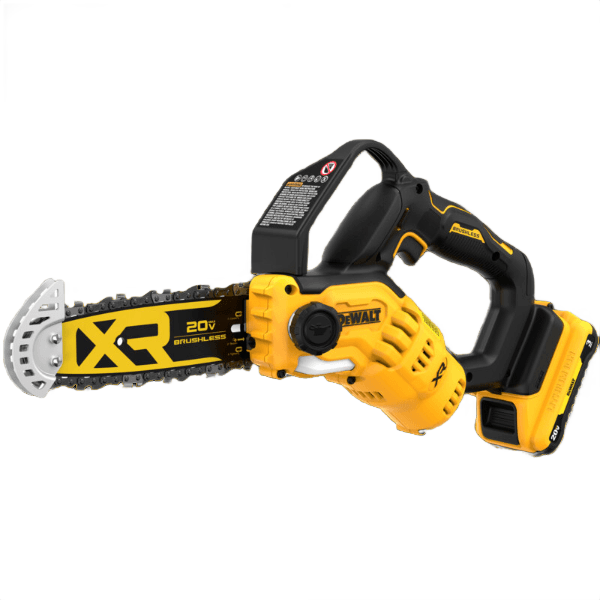 Yellow and black cordless 20V brushless pruning chainsaw for outdoor power equipment and lawn care tasks