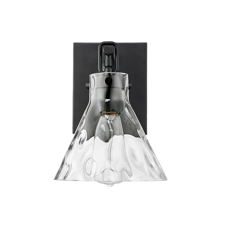 Matte black wall sconce with clear water glass shade for bathroom or vanity lighting under $100