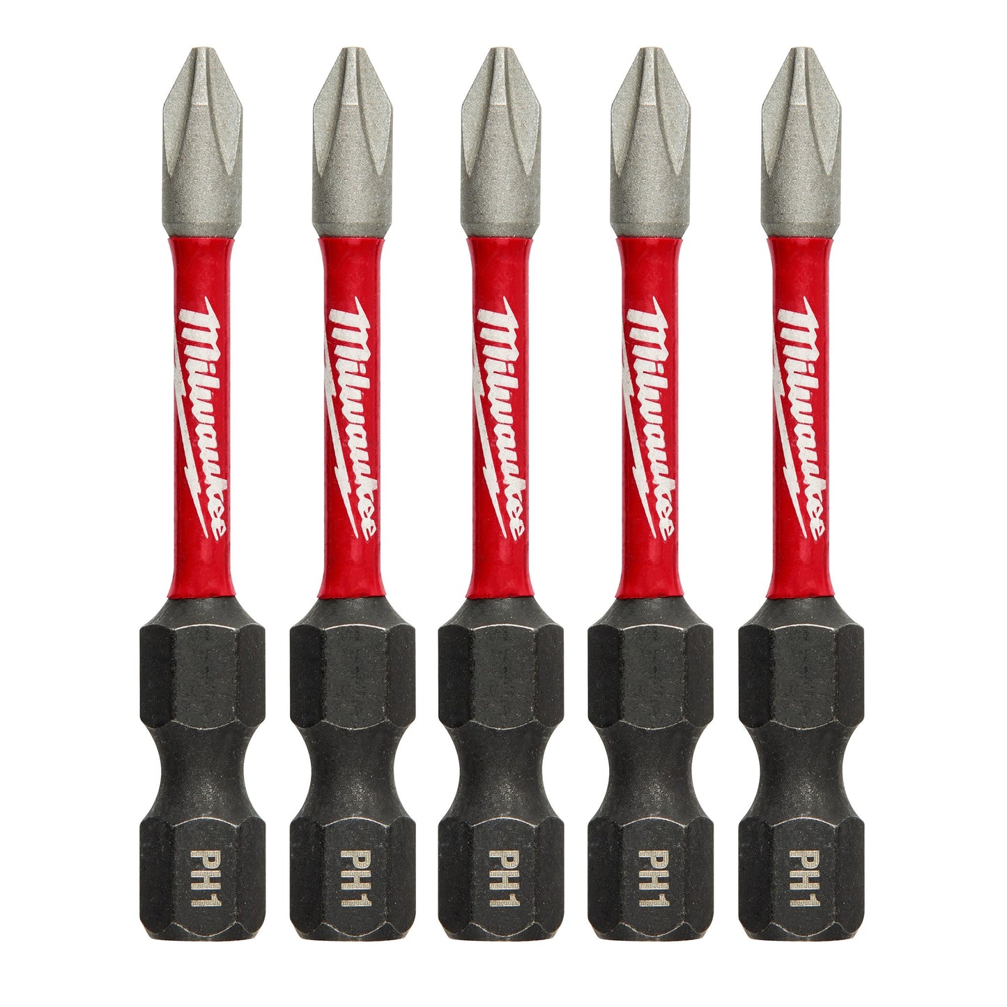 Set of five 2-inch PH1 Phillips impact driver bits with red shafts for tool accessories and power tool collections