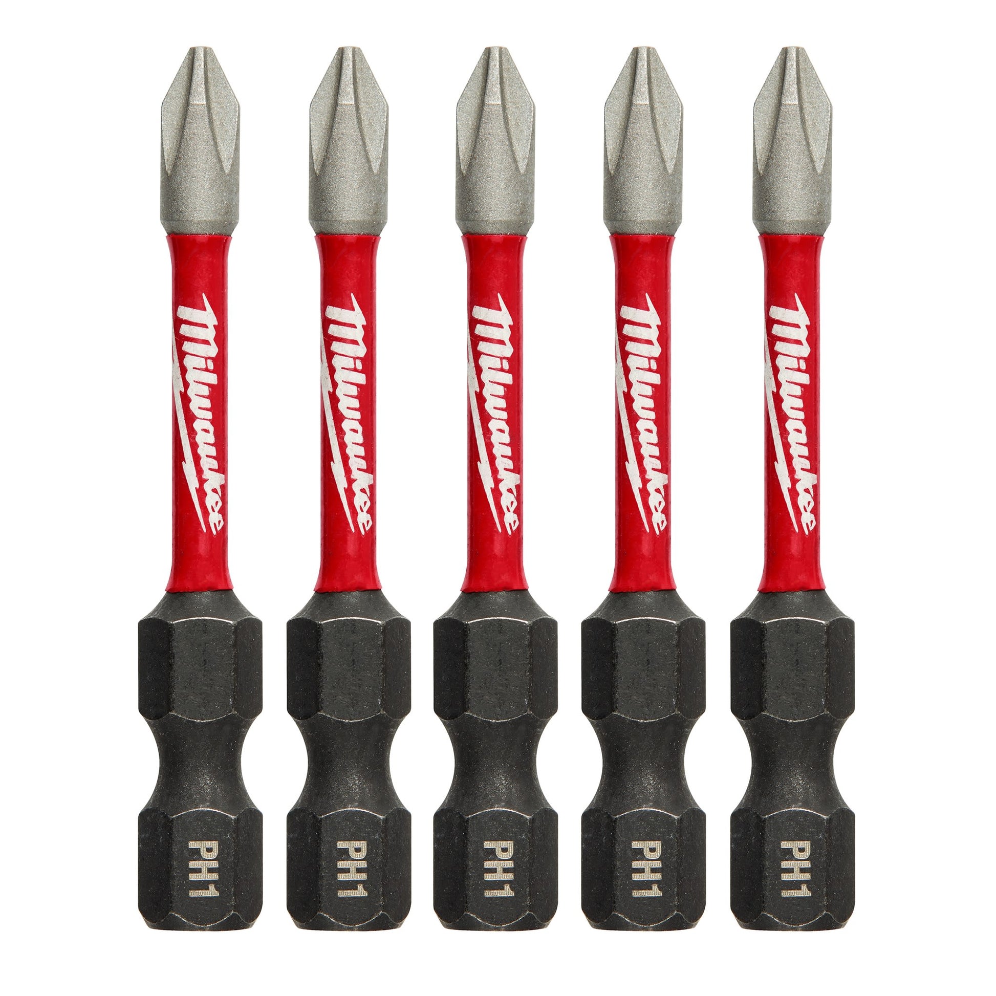 Set of five 2-inch PH1 Phillips impact driver bits with red shafts for tool accessories and power tool collections
